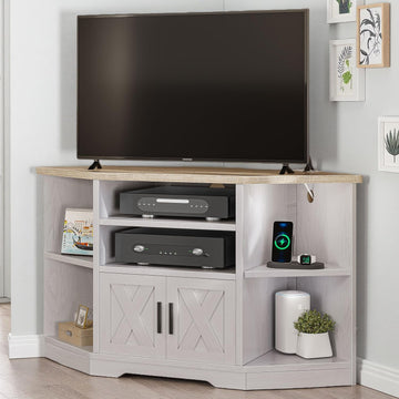 Corner TV Stand for 55/50 Inch TV, Farmhouse TV Stand, Entertainment Center with Storage & Power Outlet, TV Console
