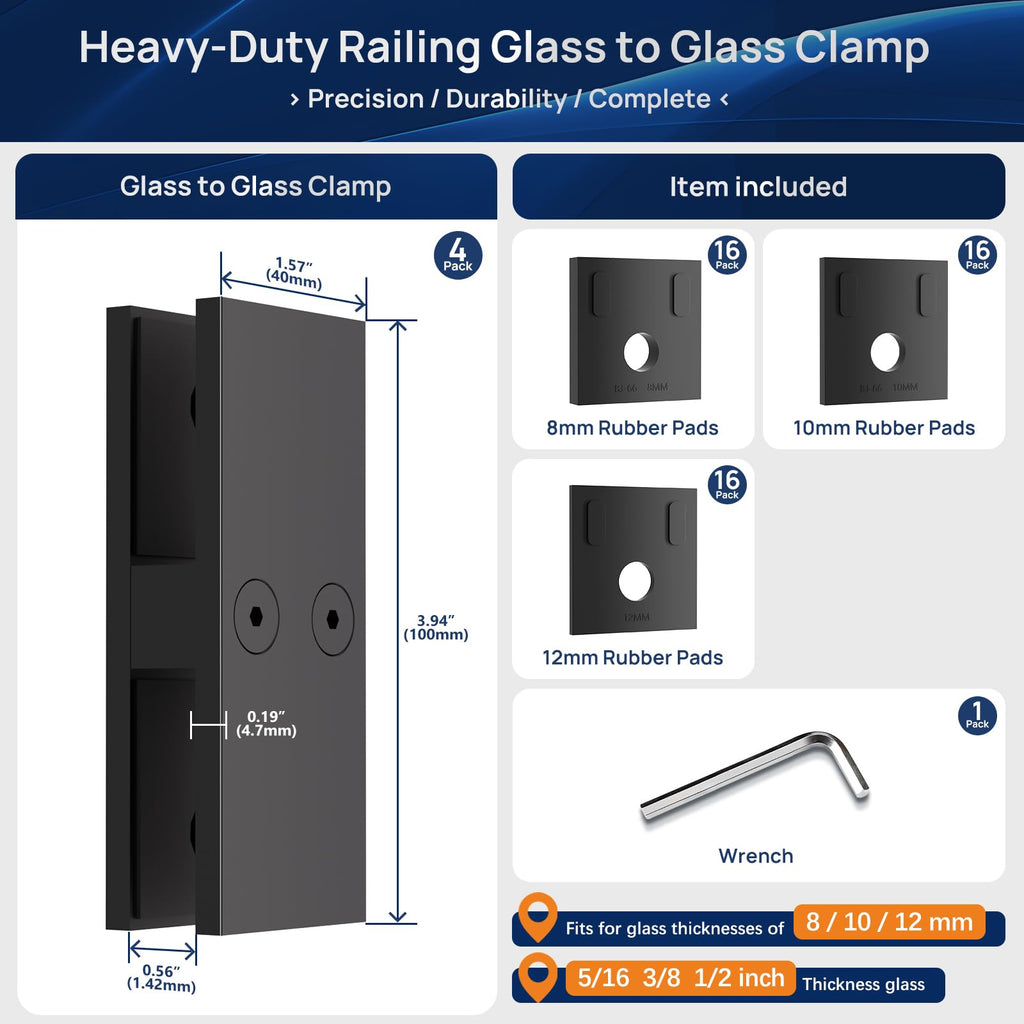 4 Pack Glass to Glass Clamp Frameless 180° Glass Railing Clamp