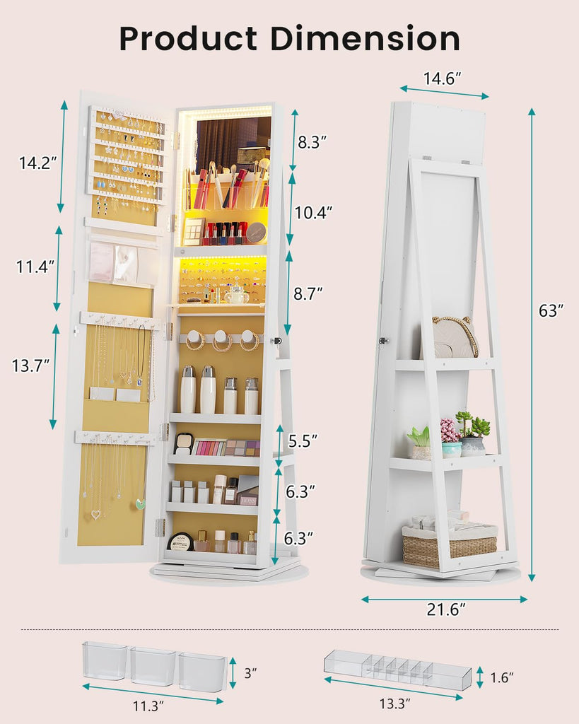 Mirror Jewelry Cabinet Standing with RGB Lights, 360° Swivel, Lockable