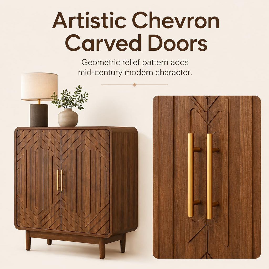 31.5" Walnut Credenza Sideboard Buffet Cabinet, 2 Doors, Kitchen | Carved panels, Gold pulls, Arched Doors, raised