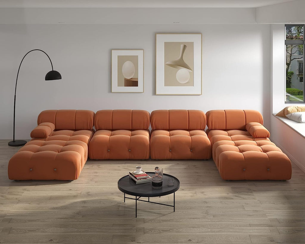 U-Shaped Modular Sectional Couch, 138" Minimalist Velvet Sofas, Convertible Couches, Mid-Century Modern Sectional