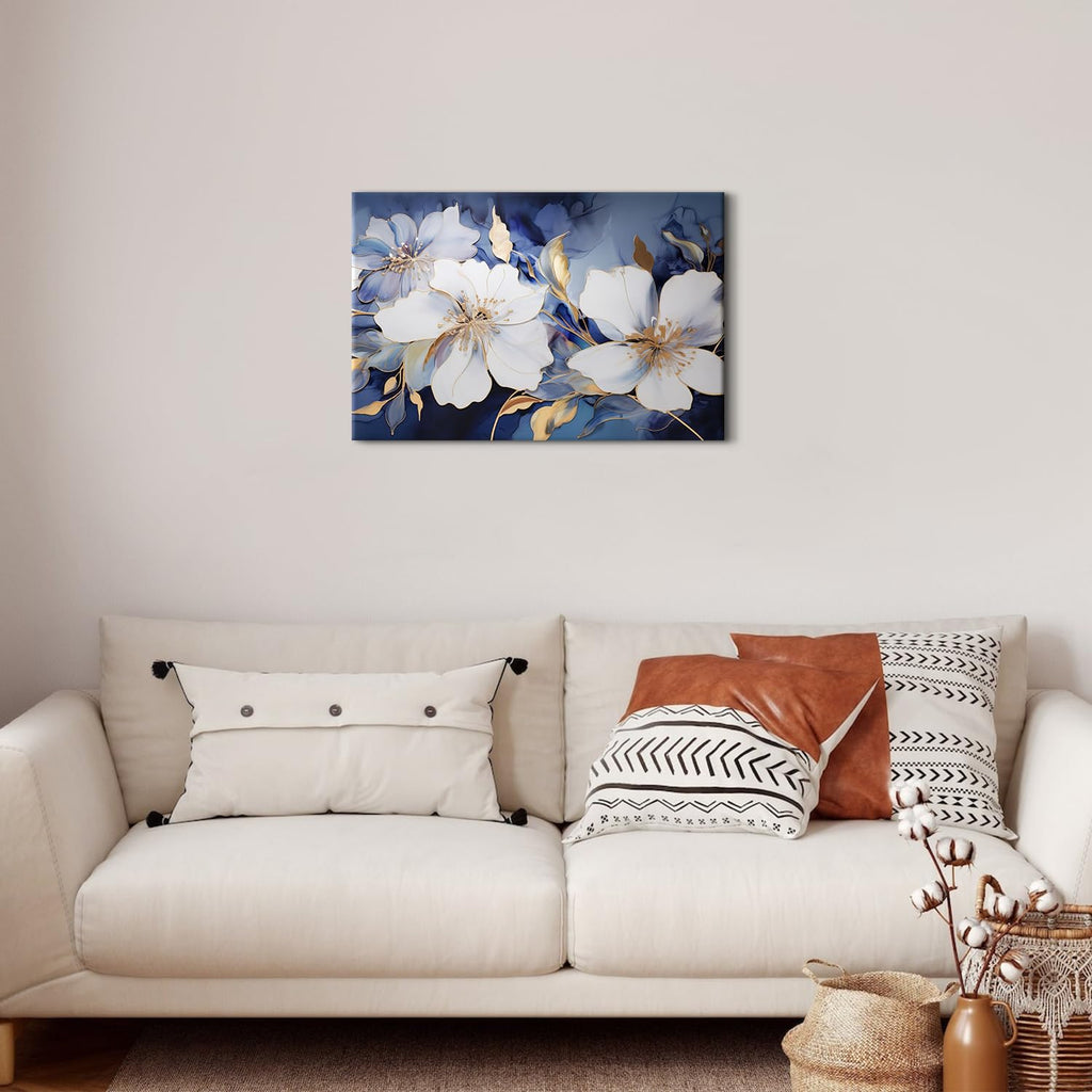 Abstract Flower Canvas Wall Art Blue and Gold Wall Decor Modern Marble Floral Picture Canvas Prints Bedroom