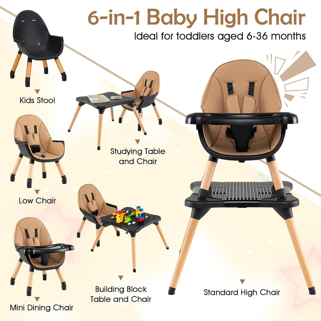 High Chair, 6-in-1 Convertible Wooden High Chairs for Babies and Toddlers w/Building Block Table, 5-Point Safety