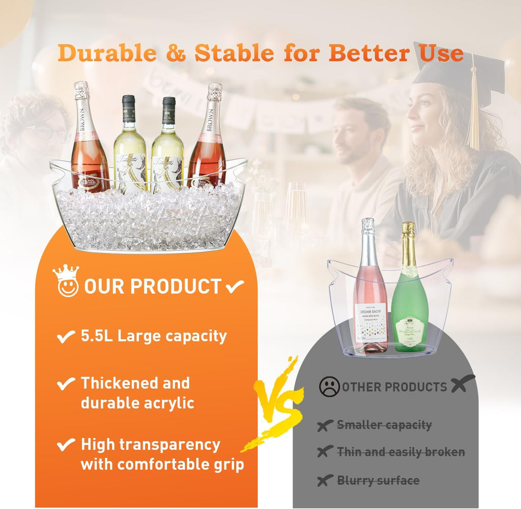 Ice Bucket for Parties, Clear Acrylic Drink Buckets with Scoop & Metal Wine Bottle Opener, 5.5L Large Champagne - Set of 2