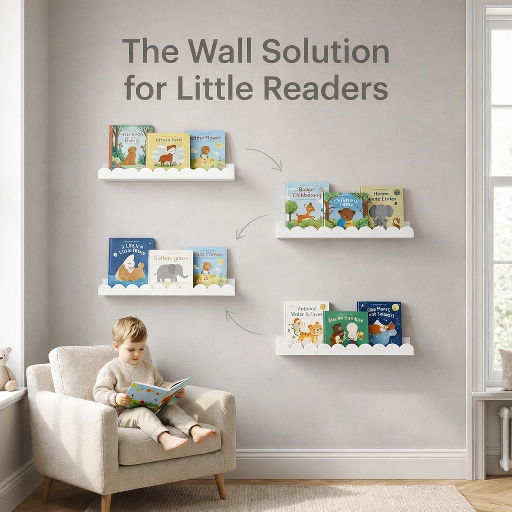 White Scalloped Nursery Shelves for Wall, Pack Floating Book Shelves for Kids Room, Wall Mounted Kids Bookshelves