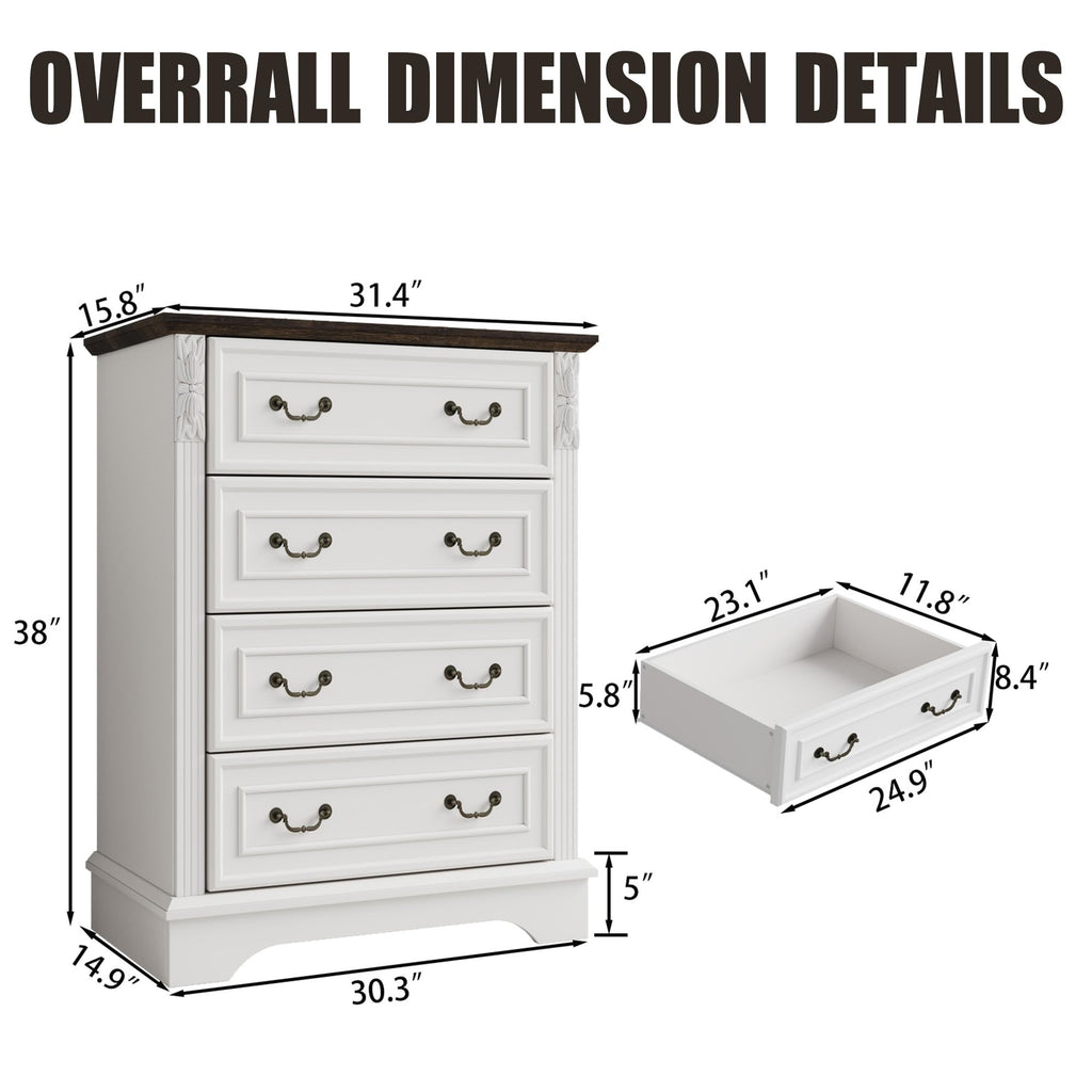 Farmhouse Dresser with 4 Drawers, Chest of Drawers, or Office Organization (Antique White)