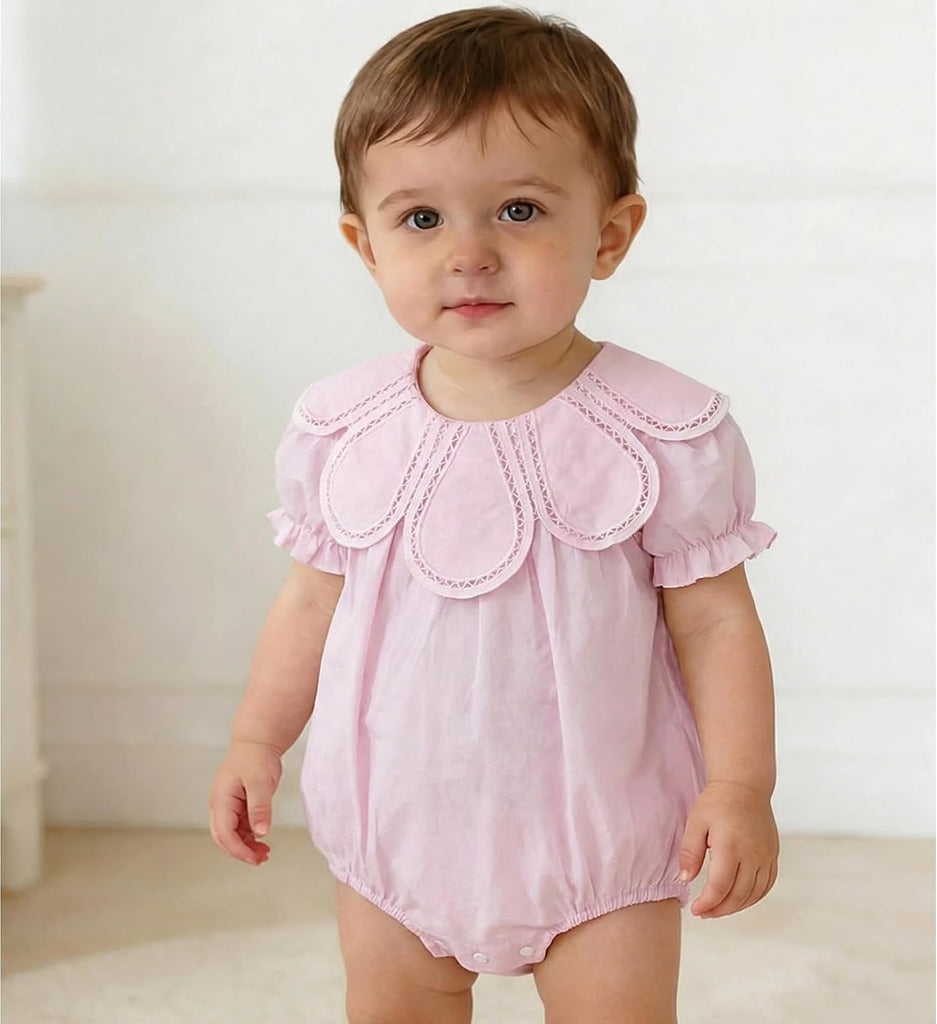 Baby Girl Petal Collar Romper, Cotton Sleeveless Ruffle Bodysuit for Newborn Infant, Vintage Lace Trim One Piece