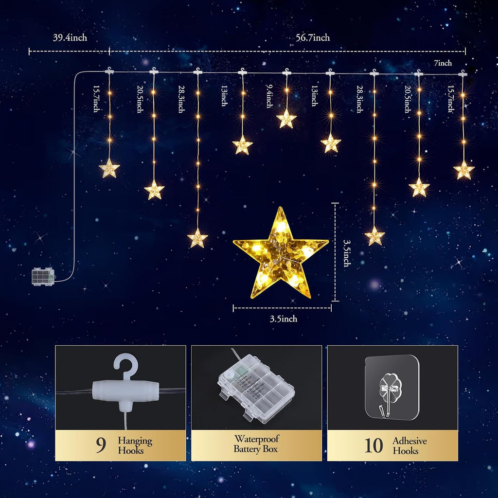 Star Christmas Window Lights, 76 LEDs 9 Stars Curtain Lights Battery Operated with Timer, 8 Mode Xmas Hanging Window