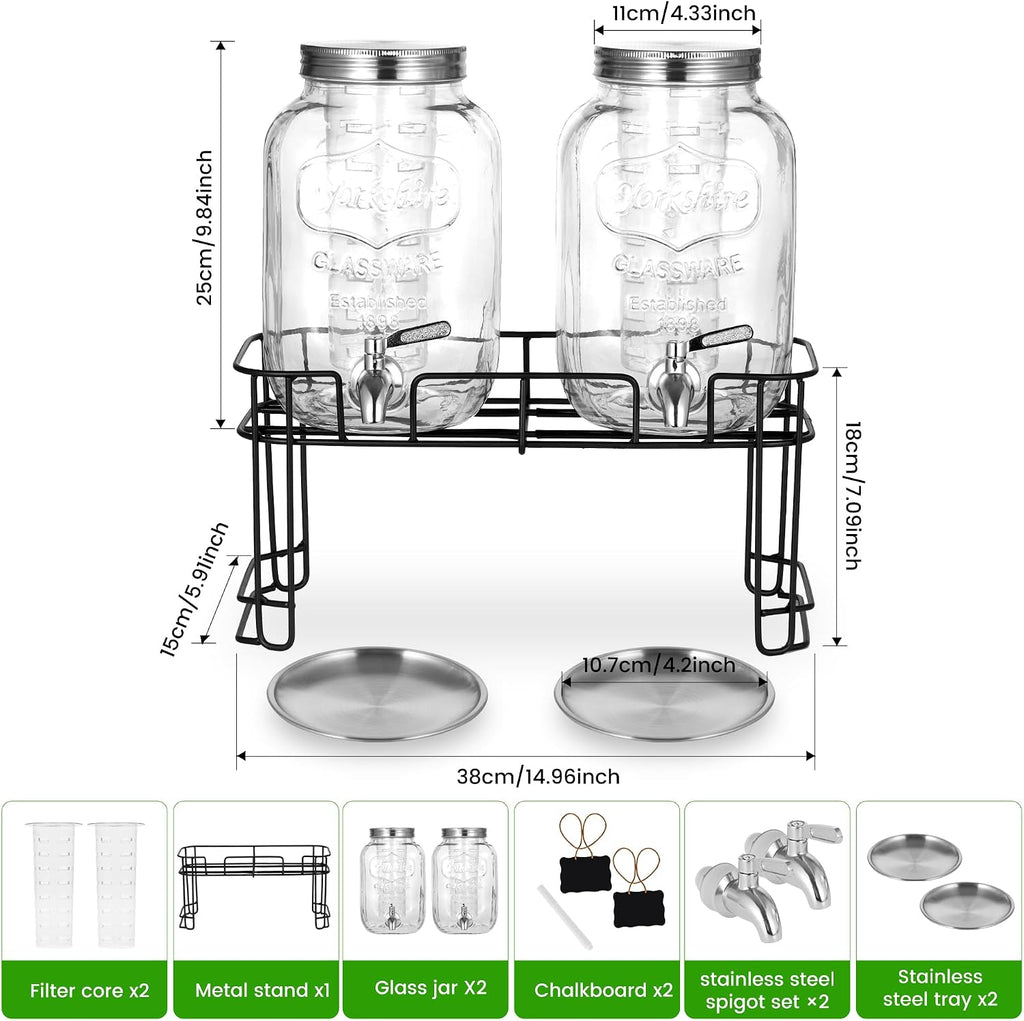 Drink Dispenser, 2 Pack 1 Gallon For Parties,Beverage Dispenser, Glass Drink Dispenser With Stand And Spigot - Set of 2