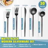 Matte Black Silverware Set for 6,Modern Stainless Steel Brushed Cutlery Set,30-Pieces Heavy Duty Flatware Set