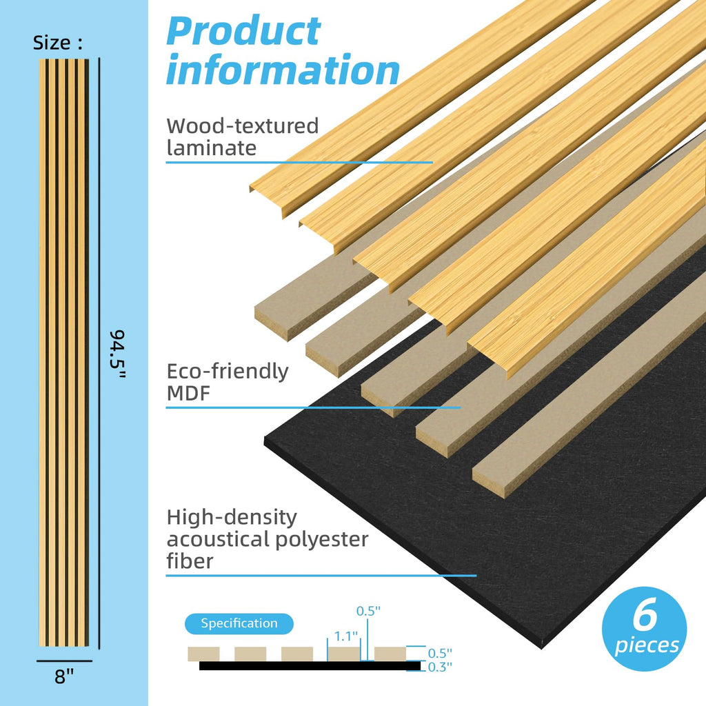 6-Pack Soundproof Wood Slat Wall Panel, 94.5 x 7.9 in, Bamboo-Hued
