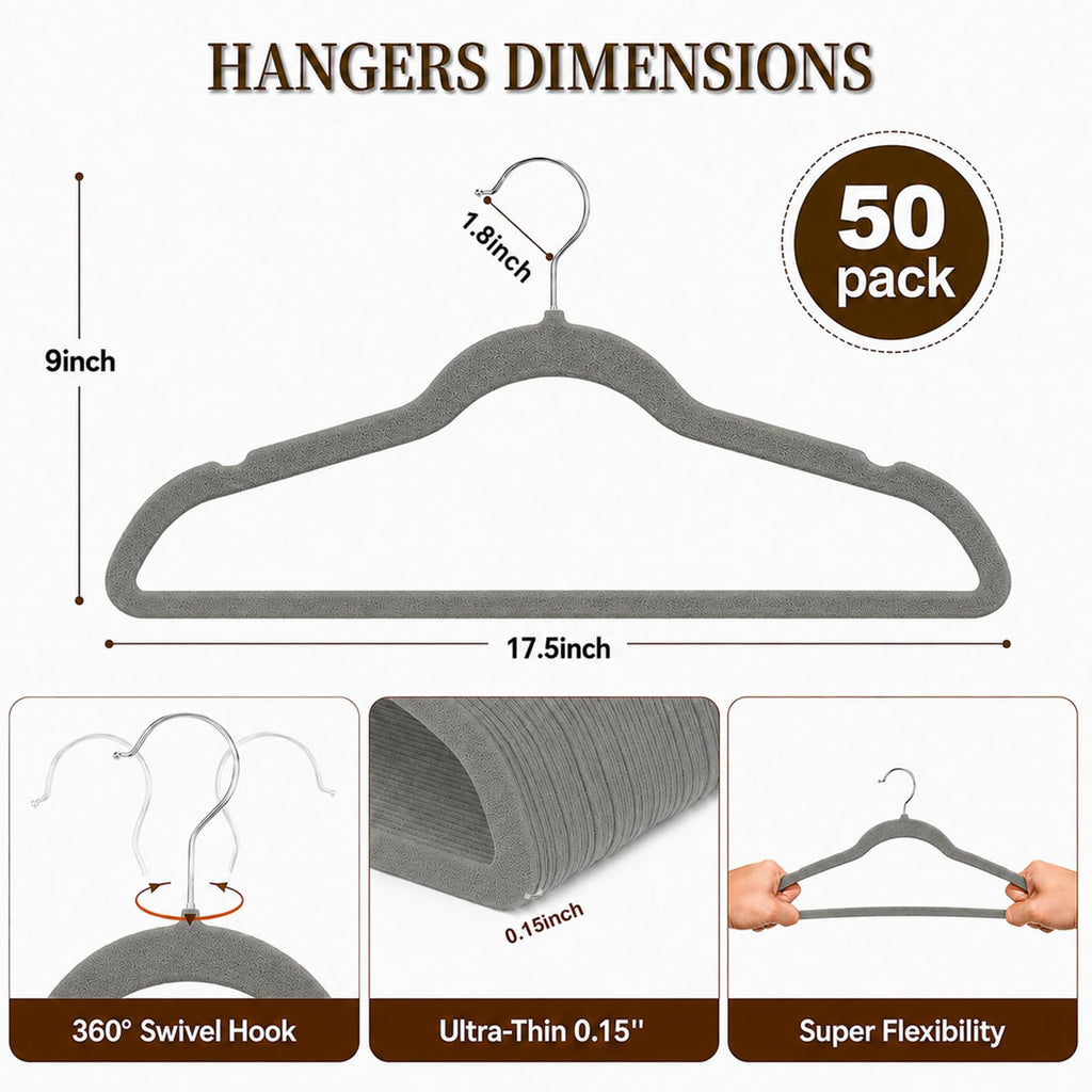 Velvet Felt Hangers 50 Pack, Non Slip, Slim, Space Saving, Gray