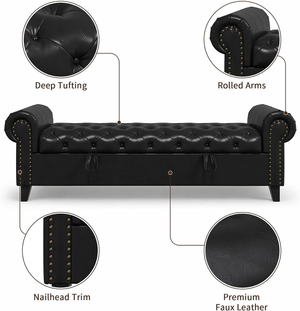 67 Inch Faux Leather Storage Bench with Rolled Arms, Chesterfield Tufted Ottoman Bench with Nailhead Trim