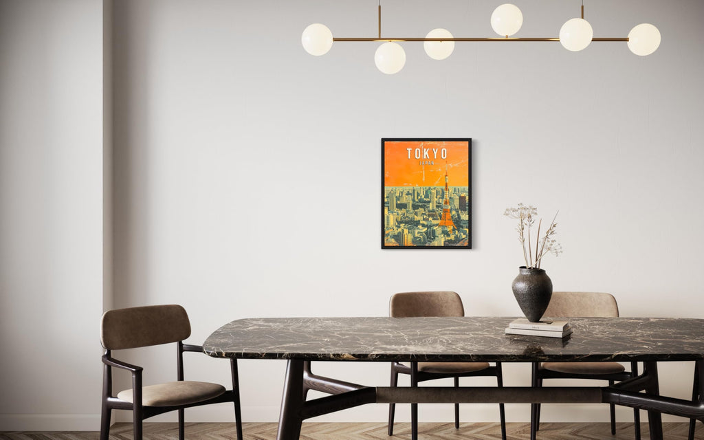 Tokyo City Black Framed Wall Poster Print, Vintage Retro Landscape Scenery Painting Artwork Travel Prints Decor