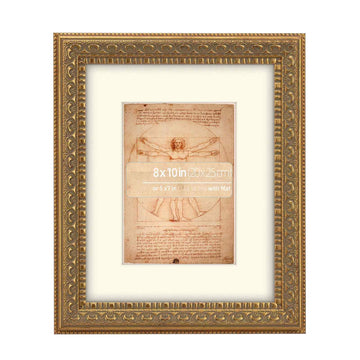 8x10 in Antique Gold Ornate Classic Picture Frame, Matted for 5x7 Photos, Real Glass Protection, Tabletop or Wall