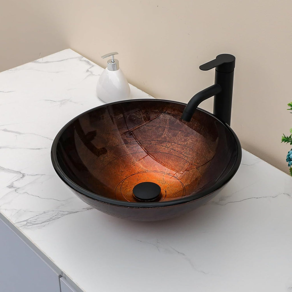 Artistic Vessel Sink Bathroom Vessel Sink Round Brown Tempered Glass Vanity Round Bowl With Pop-up Drain 16-1/2