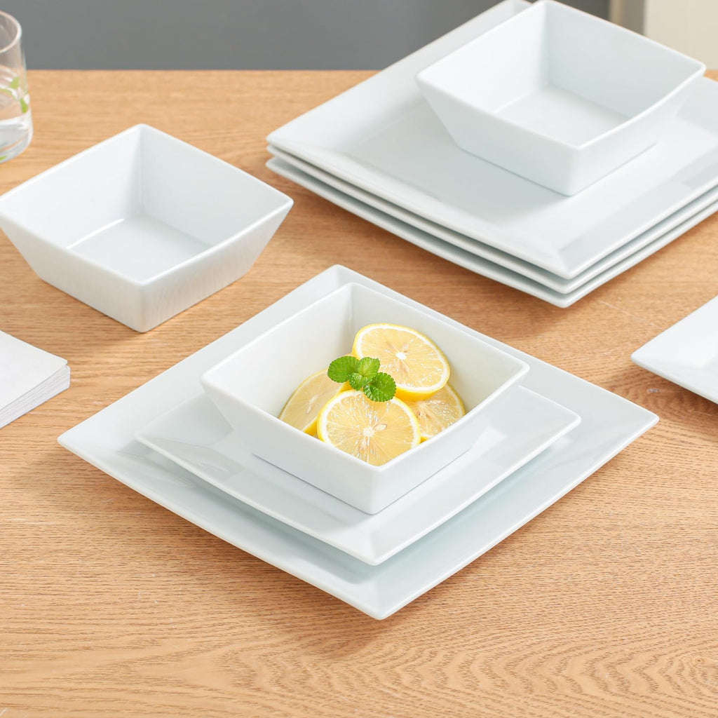 12-Piece Ceramic Kitchen Dinnerware Set, Service for 4, Porcelain Dishes Dinner Set, Square Dinnerware Sets with