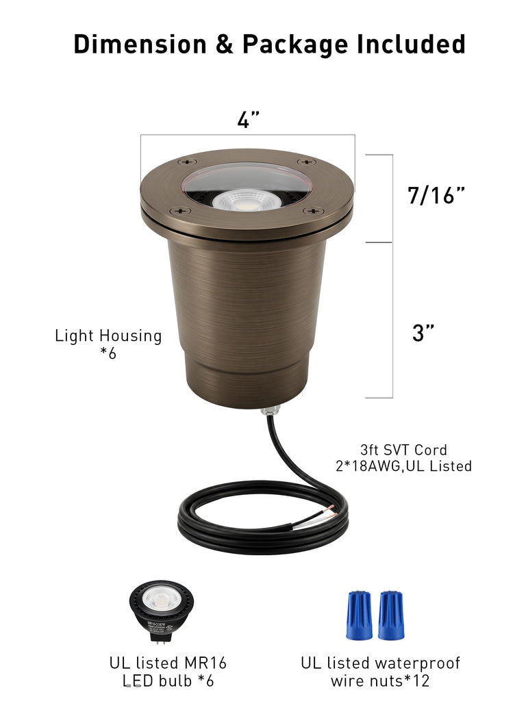 6 Pack] Solid Brass Landscape Well Lights,Outdoor Low Voltage In Ground Light for Deck Pathway with Replaceable 7W