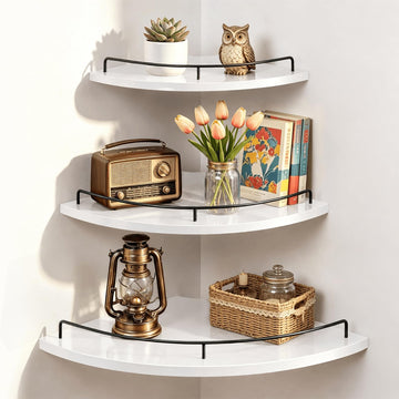 Corner Wall Shelves, 3 Tier Wooden Corner Floating Shelves, White