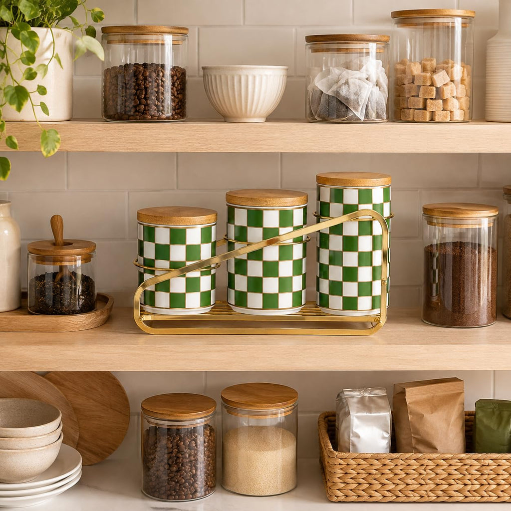 Kitchen countertop ceramic grid pattern airtight jar set - a set of 3 kitchen jars with layered shelves, sealed