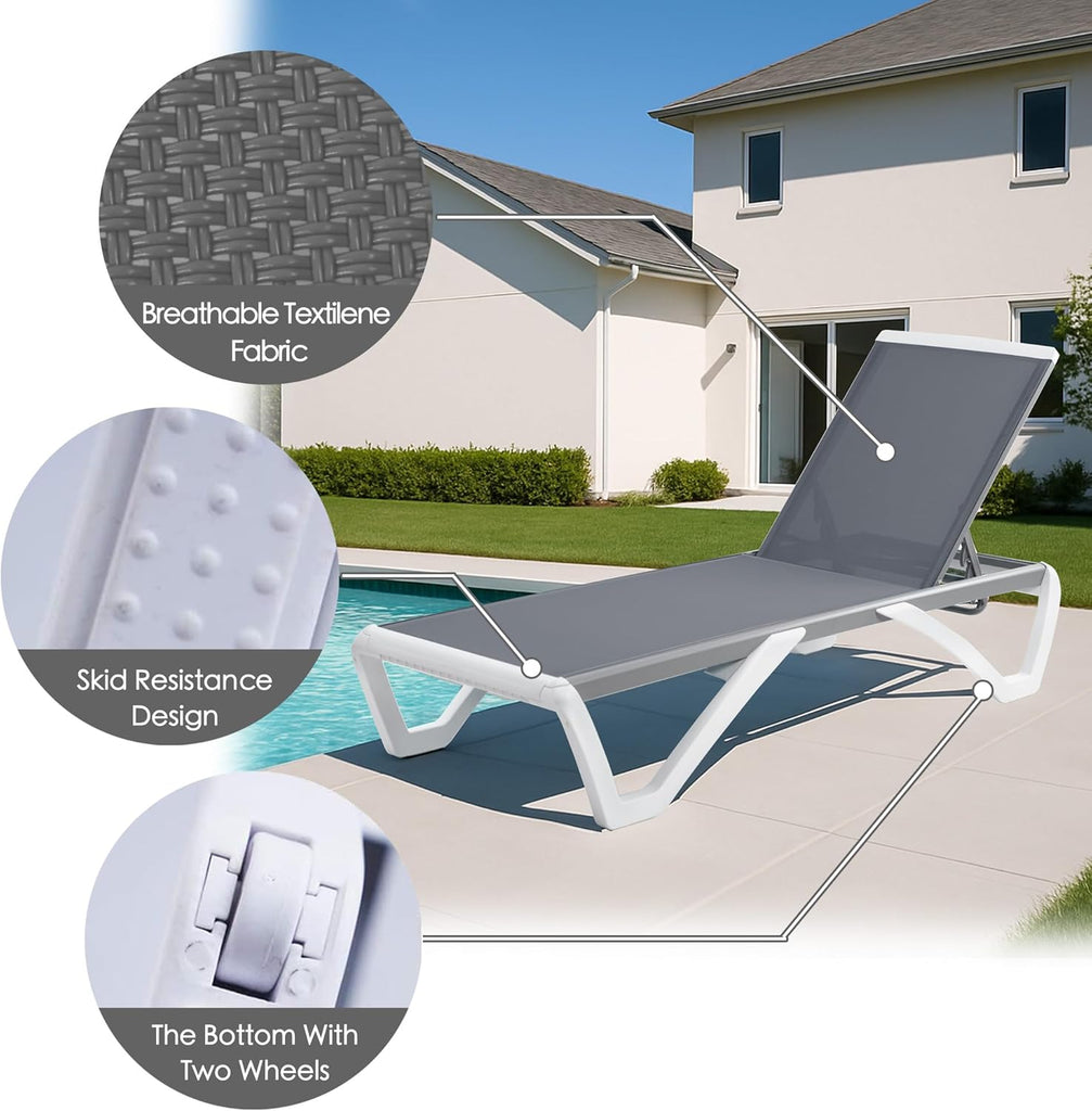 3-Piece Outdoor Chaise Lounge Set Fully Flat Adjustable Lounger | Aluminum Frame & Resin Legs, Textilene Fabric Gray