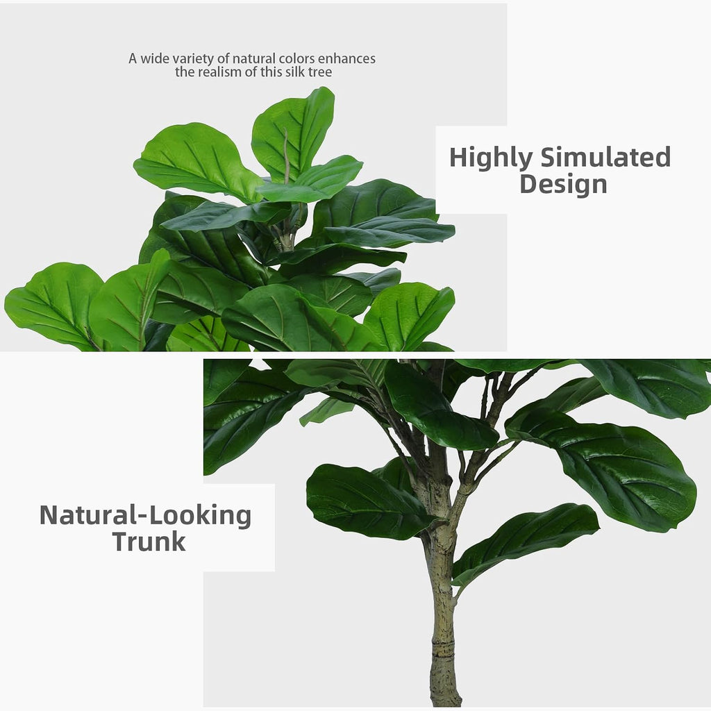 Fiddle Leaf Fig Tree Artificial 5FT - Faux Plant With Black Tall Planter - Fake Ficus Lyrata Floor Plant in Pot