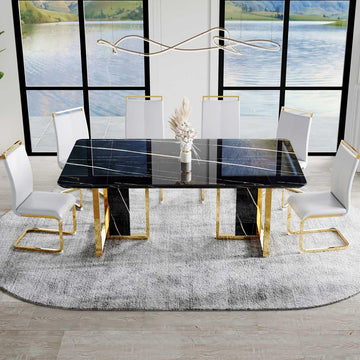 67-Inch Dining Table Set for 6, Black Faux Marble, Light Gray Chairs
