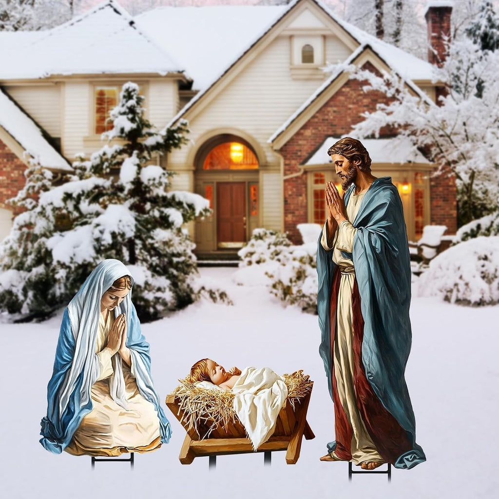 Large Nativity Scene Yard Metal Signs Stakes, 3pcs 38" Rustic Realistic Nativity Scene Christmas Decorations Outdoor