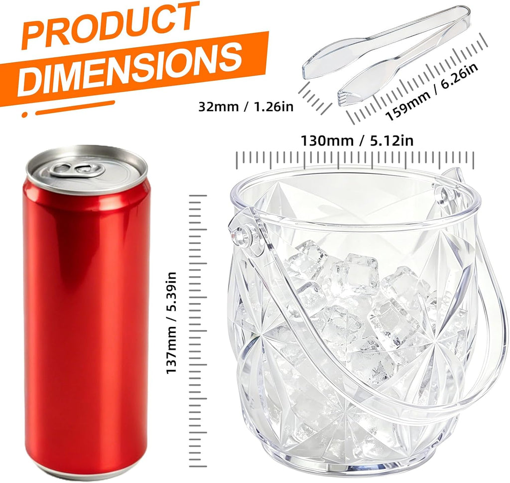 Crystal Ice Bucket with Handle & Tongs-1.1 L Plastic Clear Champagne Ice Buckets for Parties, Beer, Wine, Drinks - Set of 2