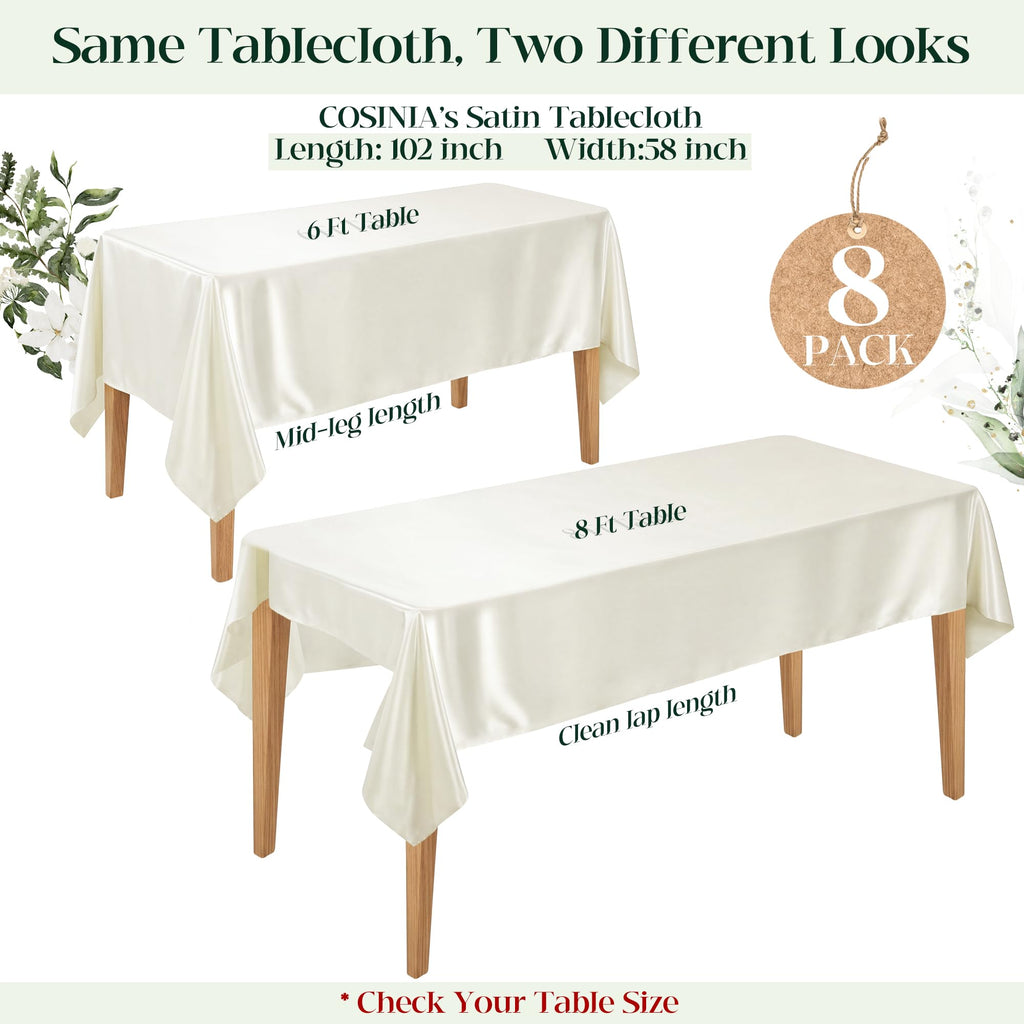 8 Pack Ivory Satin Tablecloth 58 x 102 Inch Overlay Seamless Design