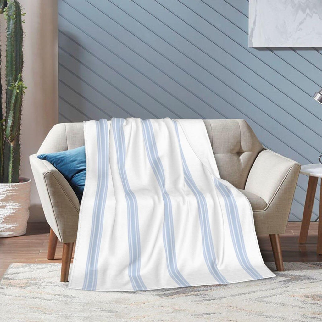 Vintage French Ticking Stripe Pattern Blue White Reversible Flannel Throw Blanket - Ultra Soft Lightweight 80"X60"