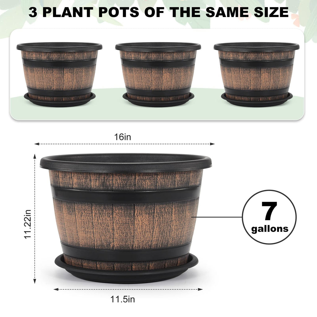 Large Plastic 3 Pack16 inch Plant Pots, Whiskey Barrel Planters