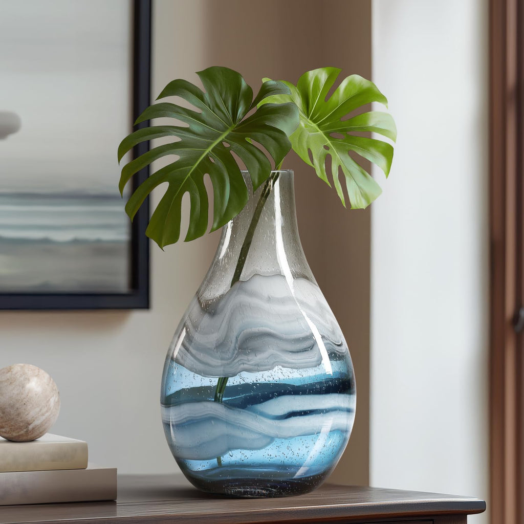 Andrea 11" Hand Blown Blue Glass Vase, Unique Coastal Swirls | Layered Blue & Gray Swirls, Narrow Opening, Watertight