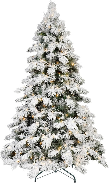 Prelit Flocked Christmas Tree, Premium Artificial Christmas Tree with 594 Branch Tips and 270 Warm White Lights
