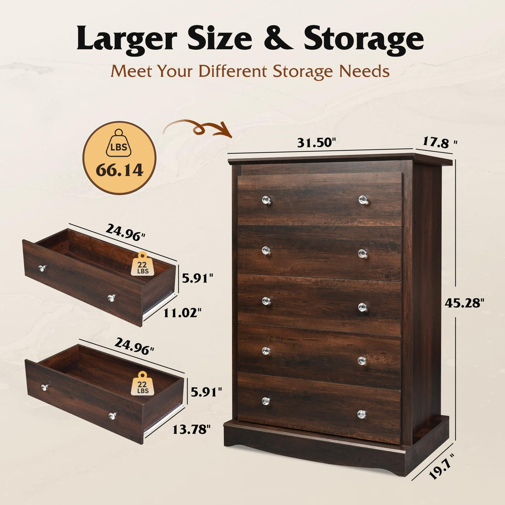 5 Drawer, 45" Tall with Exclusive Anti-Tip Structure, Modern Chest of Drawers with Large Capacity, Closet, Home
