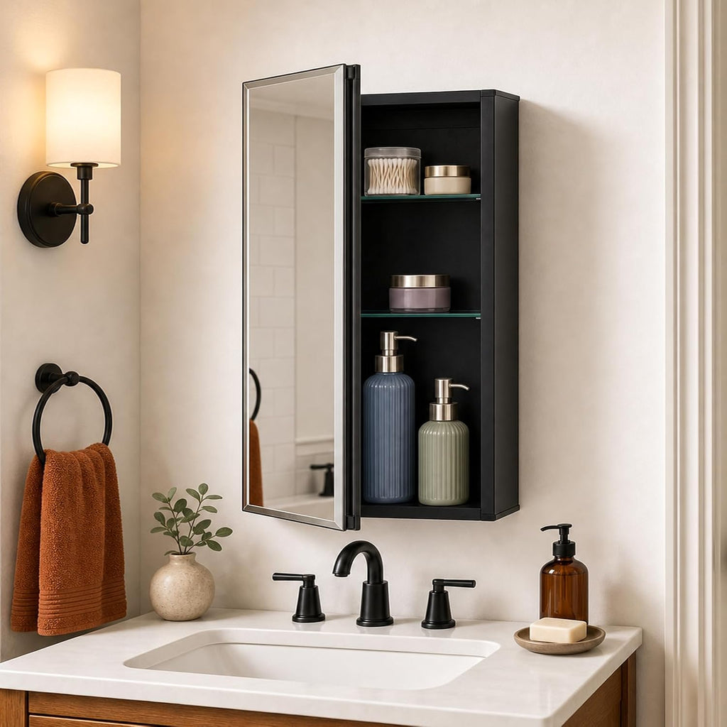 14 x 24 Black Aluminum Medicine Cabinet with Mirror, Recessed/Surface Mount | Bathroom Medicine Cabinet, 2 Adjustable