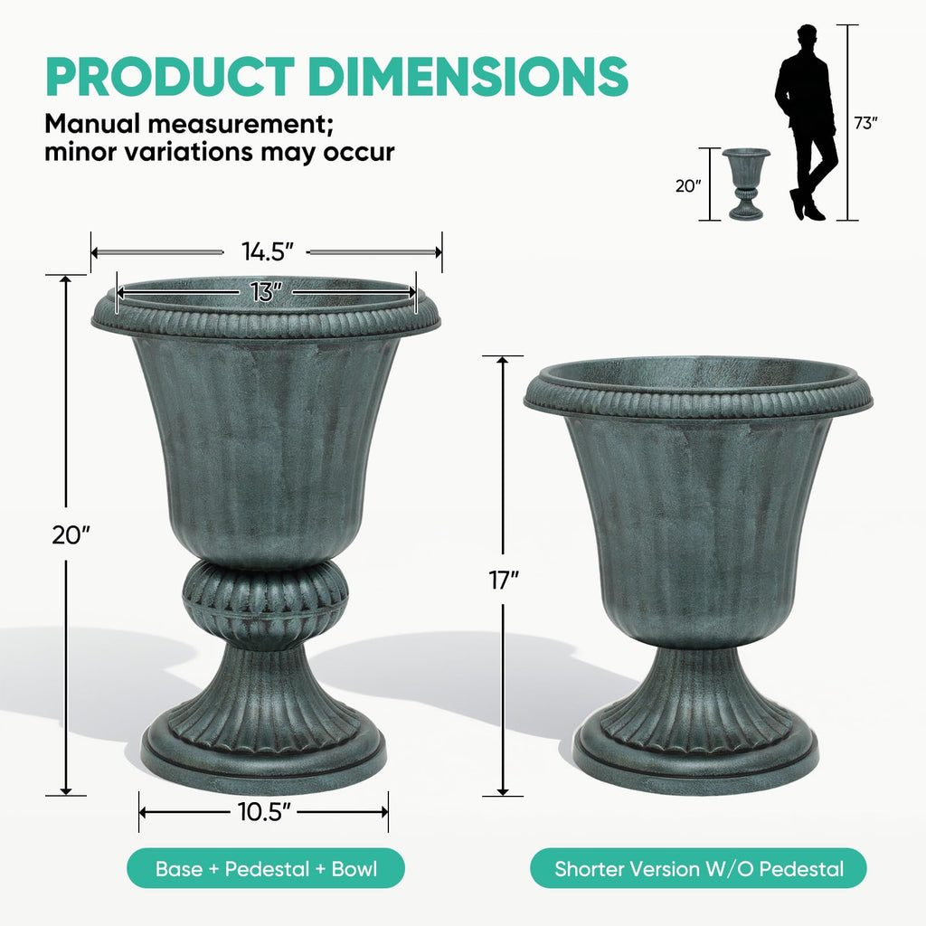 20" Tall Urn Planters for Outdoor Plants, 2 Pack, Green