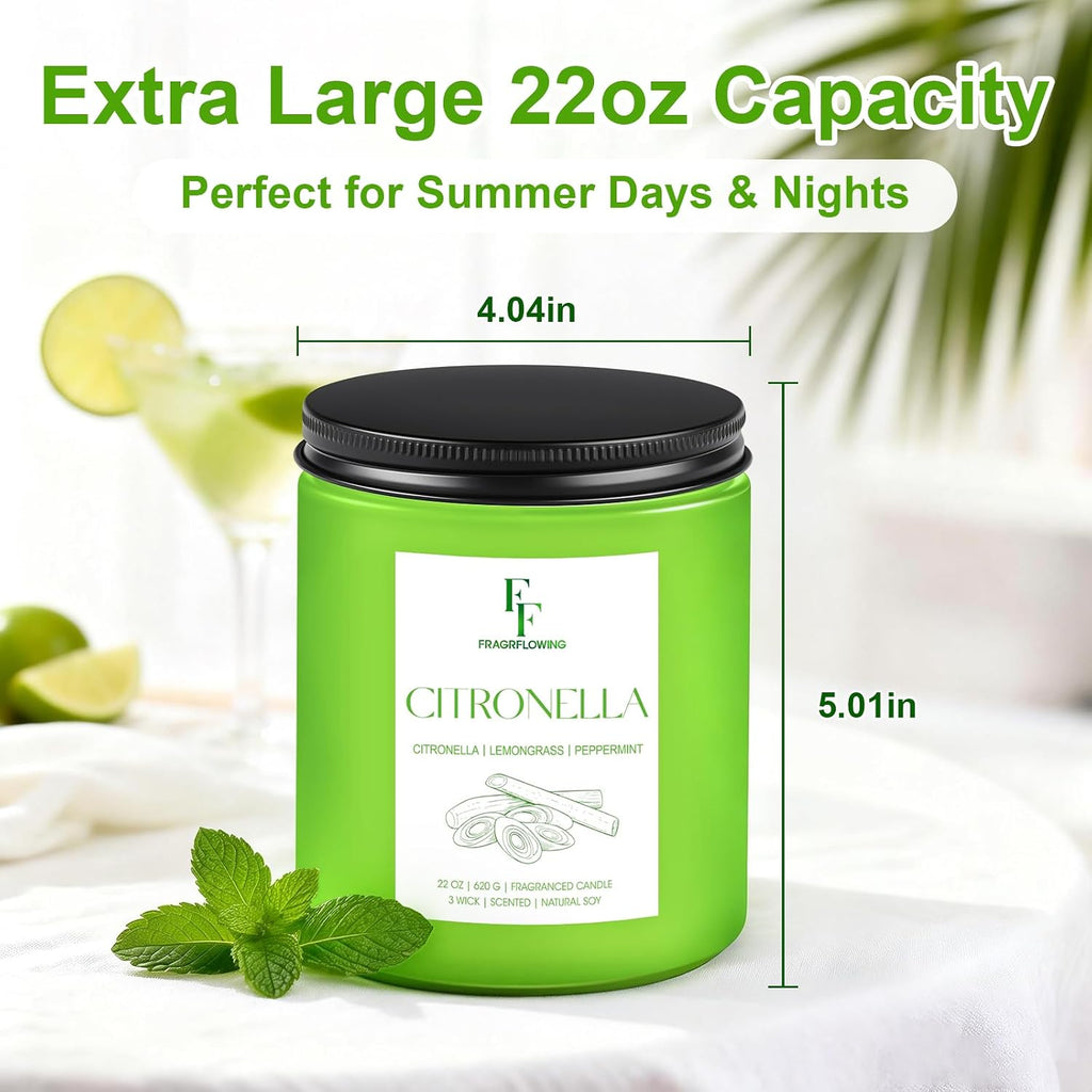 Citronella Large Scented Candle Outdoor Indoor, 3-Wick 22oz Long Lasting Scented Candle, Natural Soy Wax Aromatherapy - Set of 22