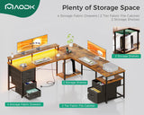 66" L Shaped Computer Desk, 113“ Reversible Home Office Desk with File Cabinet & 4 Fabric Drawers