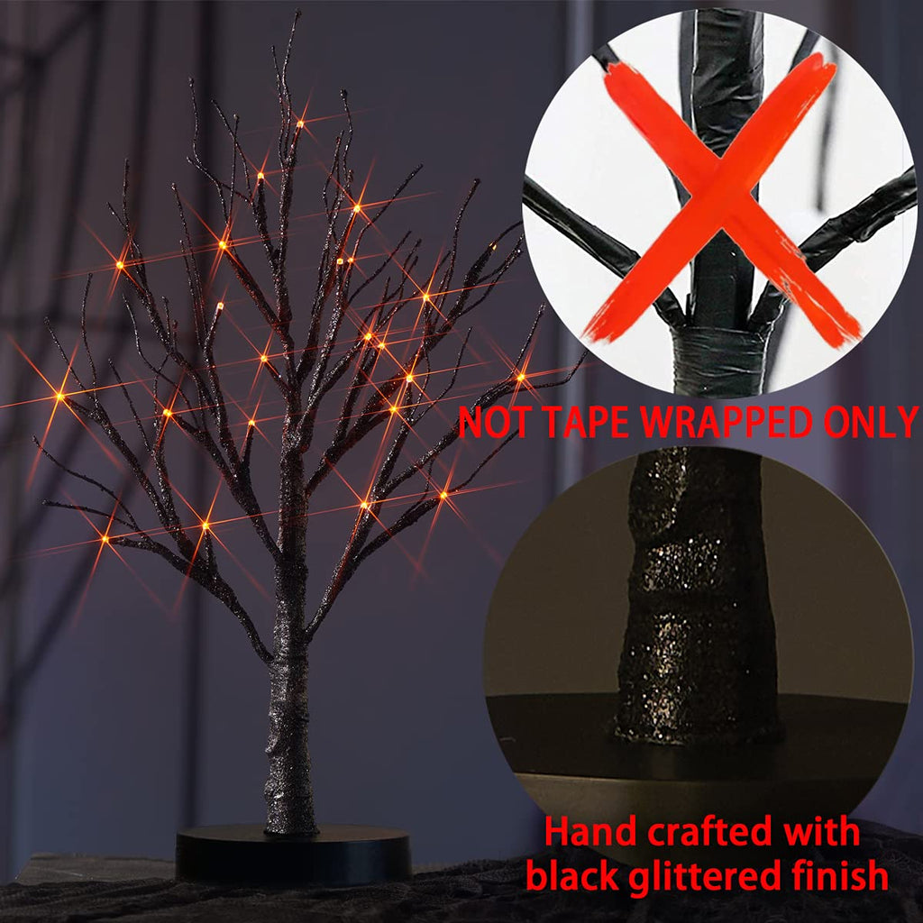 Black Halloween Tree with Lights 24 LED Orange with Timer, Lighted Tabletop Glittered Spooky Tree Artificial 18in for