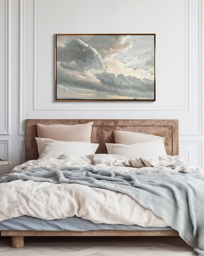 Golden Framed Vintage Canvas Wall Art Study of Clouds with a Sunset Near Rome 24x36 inch, Grey Toned Rustic Canvas