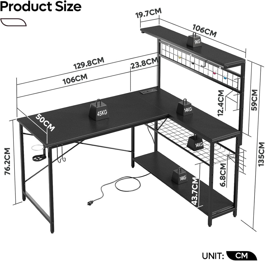 51" L Gaming Desk with Power Outlets LED Lights, Carbon Fiber Black | Reversible Design, LED Lights, Power Outlets