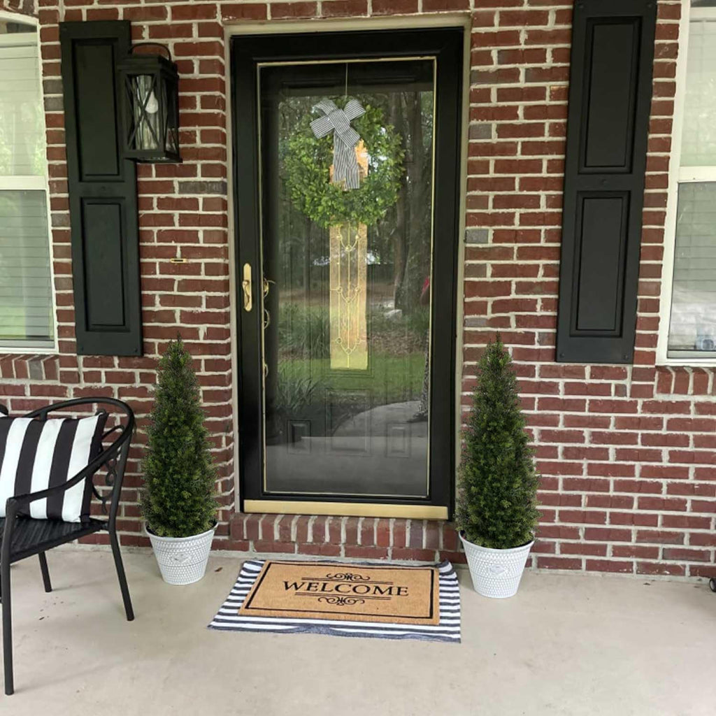 4ft Artificial Cedar Topiary Trees for Outdoor Front Porch Door, 4 Feet Faux Potted Plants Evergreen Fake Pine