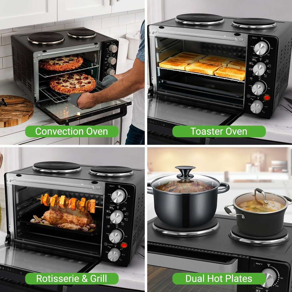 30 Quart Kitchen Convection Oven & 2 Burner Cooker - 1500 Watt Oven - 7 Cook Functions Rotisserie, Cook, Bake, Broil & More - Includes Baking Tray, Skewers & Handles - 19.6 x 16.0 x 13.5 IN