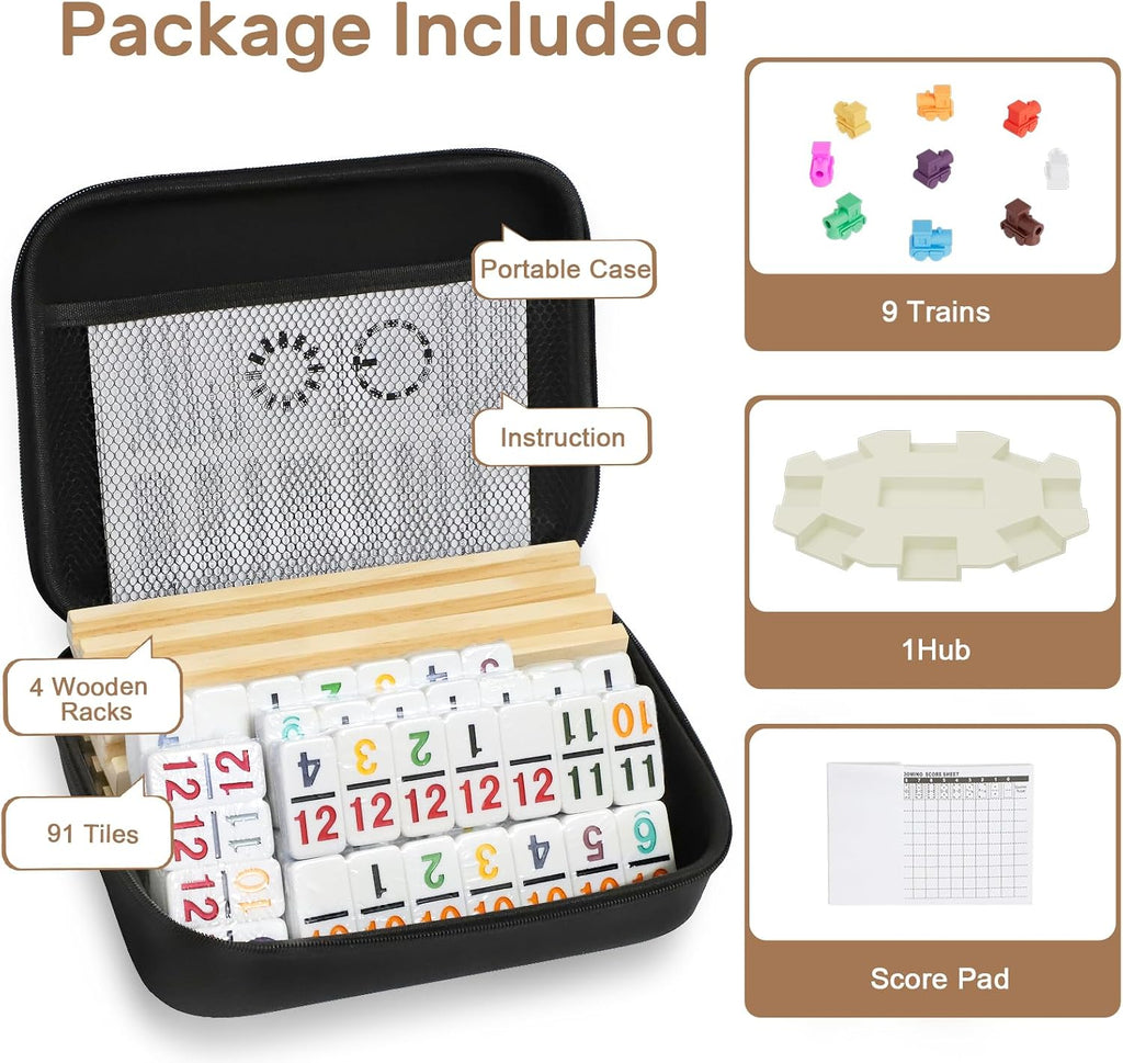 Mexican Train Dominoes Set with Numbers and 4 Wooden Trays/Racks, Double 12 Dominos Travel Set with 4 Tiles Holders