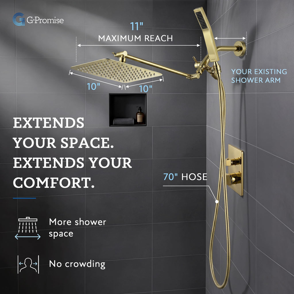 All Metal 10" Dual Square Shower Head Combo | Rain Shower Head | Handheld Shower Wand | Adjustable | 3-Way Diverter