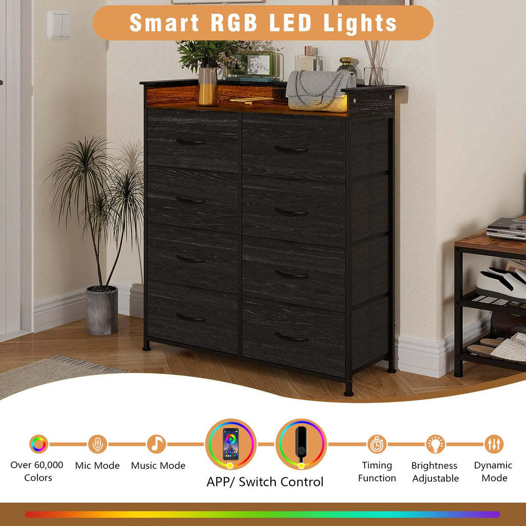 Fabric Dresser with LED Light and Charing Station Tall Dressers with 8 Drawers Black Dresser & Chest of Drawer for