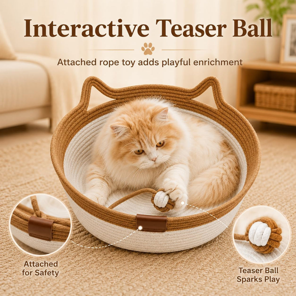 Instinct Basket for Cats, 40cm Handwoven Cat Basket Bed, Cotton Rope Cat Bed with Ear-Shaped Handles & Rope Ball