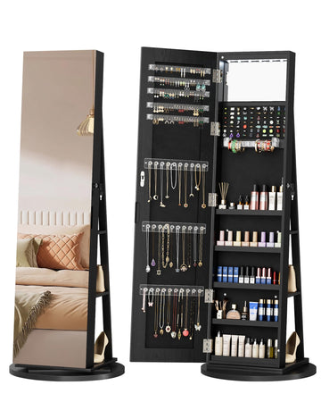 6 LEDs Jewelry Armoire with Frameless Full-Length Mirror, Black