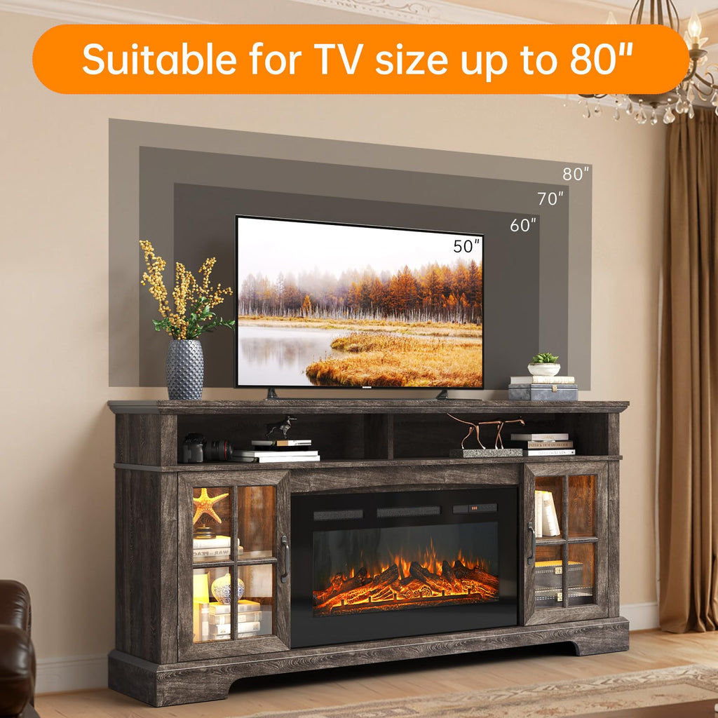 70" TV Stand with Electric Fireplace for TVs Up to 80", Gray & Black